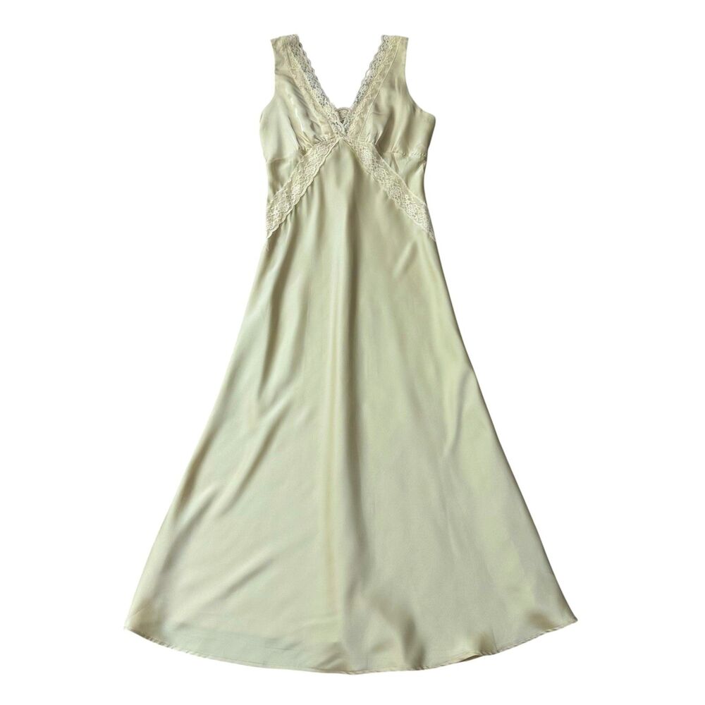 BAGONE Summer Satin Lace V Neck Midi Dress in Butter Yellow Size M/L